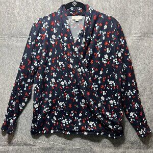 LOFT Outlet Womens Floral Print Long Sleeve Wrap Top Navy Red White Blue Size L